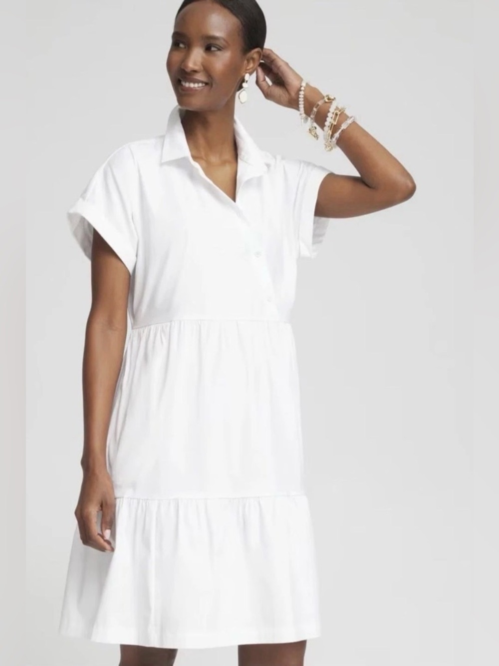 Chico's Poplin Diagonal Button Front Tier Dress in Alabaster Size 16 NEW